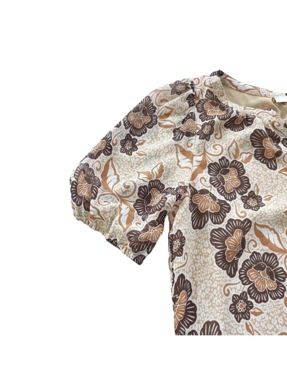Loft Womens Floral Puff Sleeve Blouse Beige Brown Medium Lightweight V Neckline